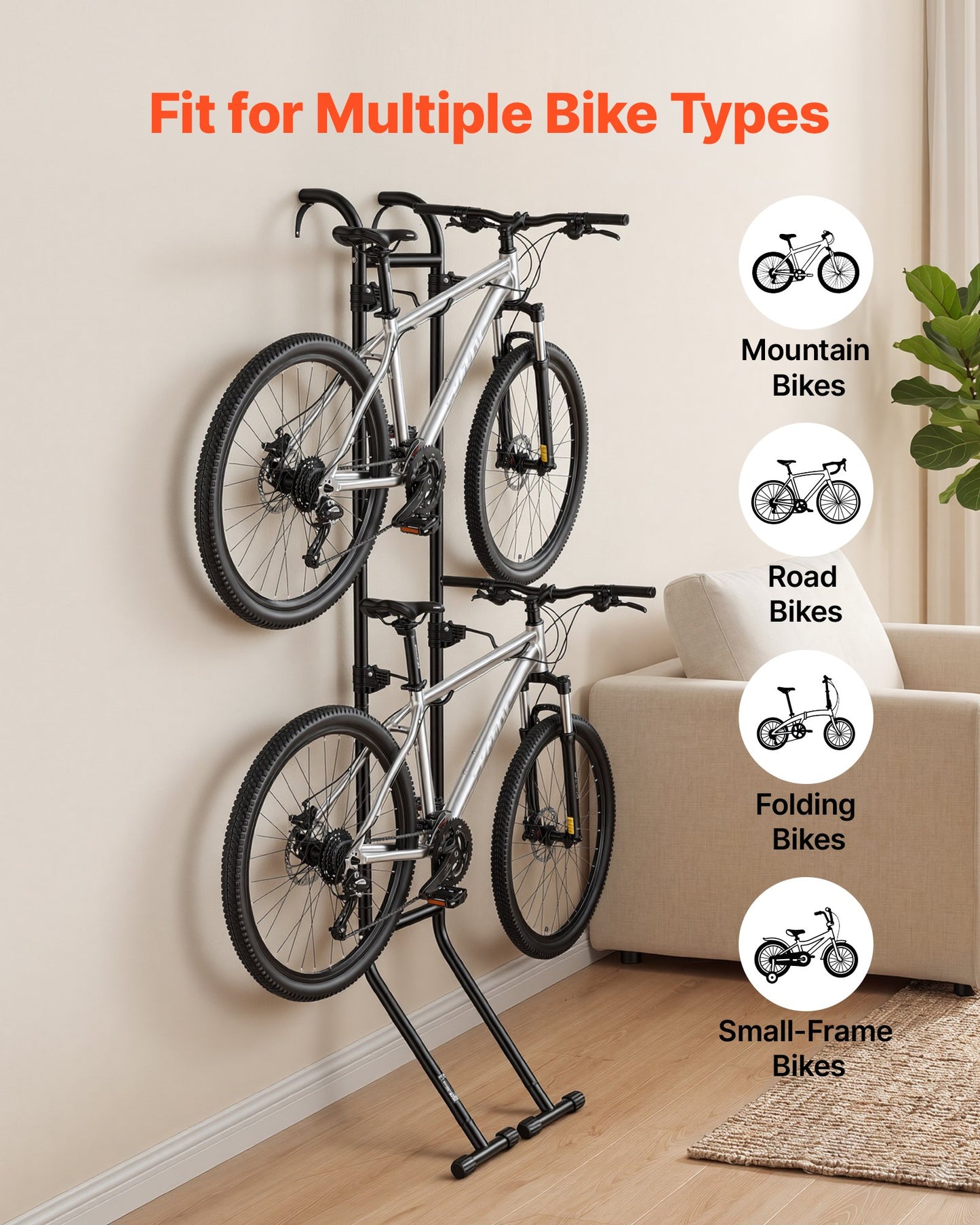Bike Stand for 2 Bikes, Freestanding Vertical Bike Storage Rack, with Height-Adjustable Hooks, Heavy-Duty Carbon Steel Standing Bicycle Floor Stand, Ideal for Garage, Apartment, Home, Black