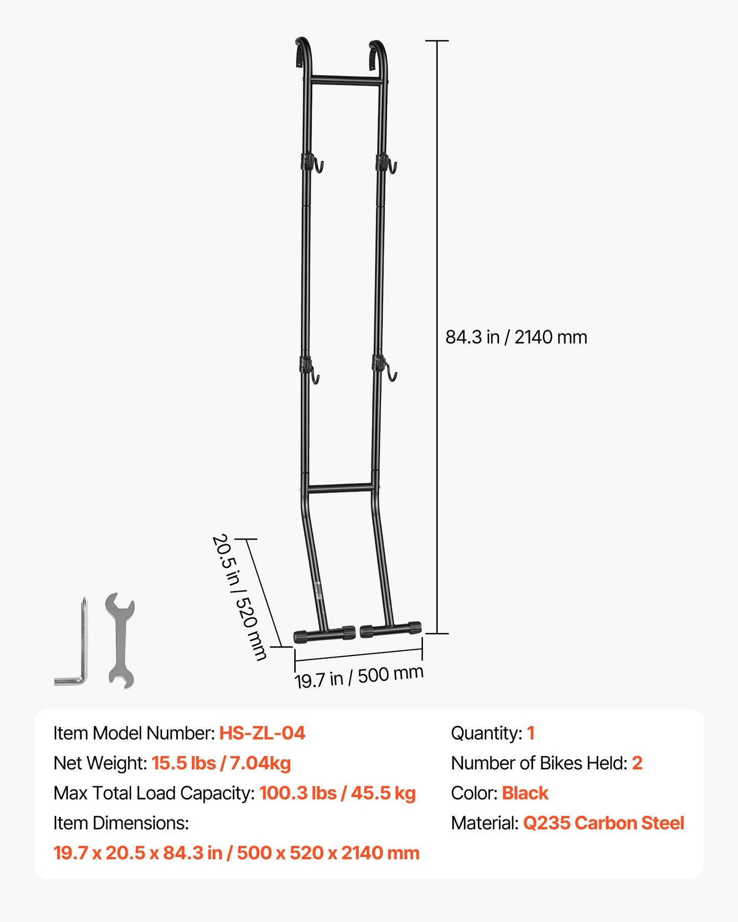 Bike Stand for 2 Bikes, Freestanding Vertical Bike Storage Rack, with Height-Adjustable Hooks, Heavy-Duty Carbon Steel Standing Bicycle Floor Stand, Ideal for Garage, Apartment, Home, Black