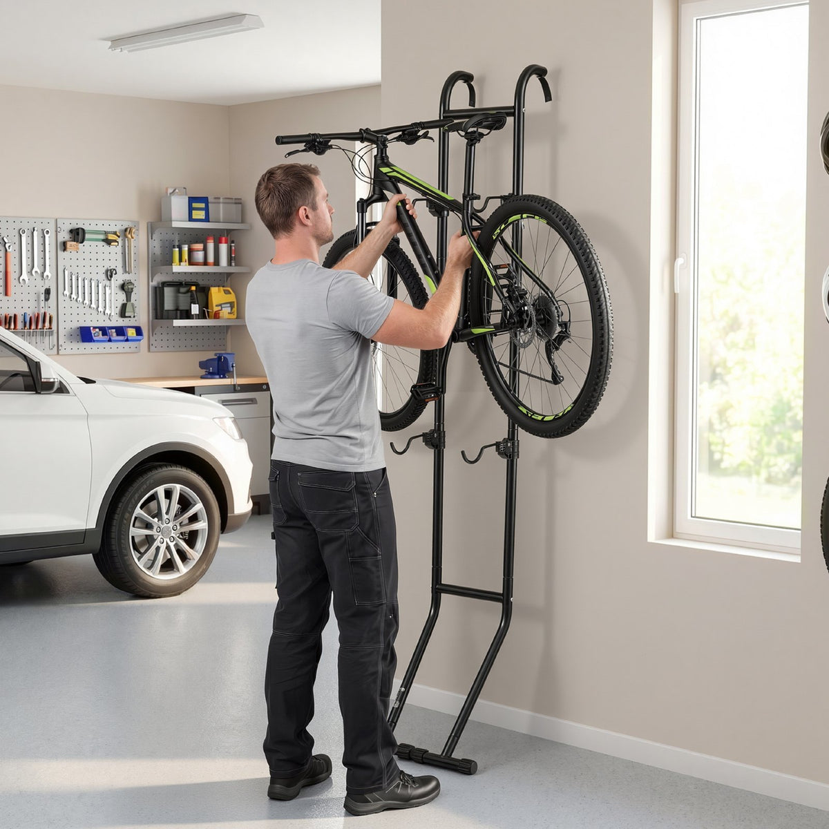 Bike Stand for 2 Bikes, Freestanding Vertical Bike Storage Rack, with Height-Adjustable Hooks, Heavy-Duty Carbon Steel Standing Bicycle Floor Stand, Ideal for Garage, Apartment, Home, Black