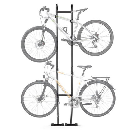 Bike Stand for 2 Bikes, Freestanding Vertical Bike Storage Rack, with Height-Adjustable Hooks, Heavy-Duty Carbon Steel Standing Bicycle Floor Stand, Ideal for Garage, Apartment, Home, Black