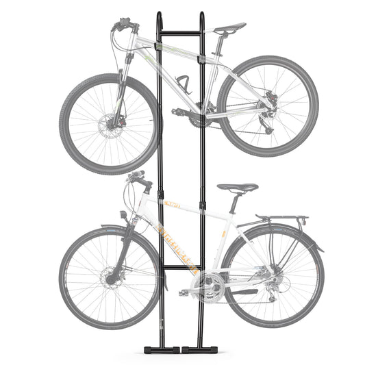 Bike Stand for 2 Bikes, Freestanding Vertical Bike Storage Rack, with Height-Adjustable Hooks, Heavy-Duty Carbon Steel Standing Bicycle Floor Stand, Ideal for Garage, Apartment, Home, Black