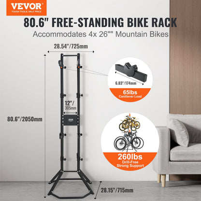 4-Bike Vertical Storage Rack, Adjustable Gravity Stand for Garage or Home Use