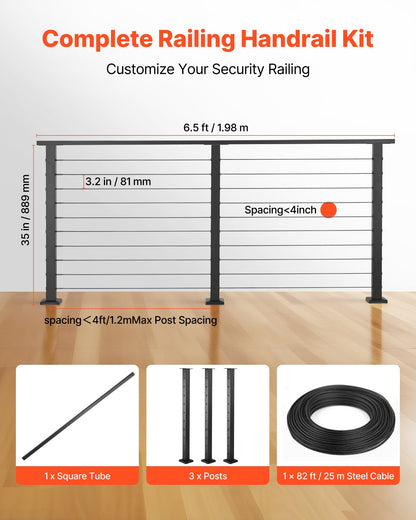 198 cm Complete Cable Railing Kit with Post, 89 cm Tall Matte Black Stainless Steel Handrail Cuttable for Outdoor/Indoor Steps, Level Hole Drilled Railing Posts System for Stairs,Deck,Balcony