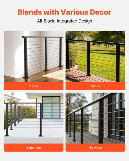 198 cm Complete Cable Railing Kit with Post, 89 cm Tall Matte Black Stainless Steel Handrail Cuttable for Outdoor/Indoor Steps, Level Hole Drilled Railing Posts System for Stairs,Deck,Balcony