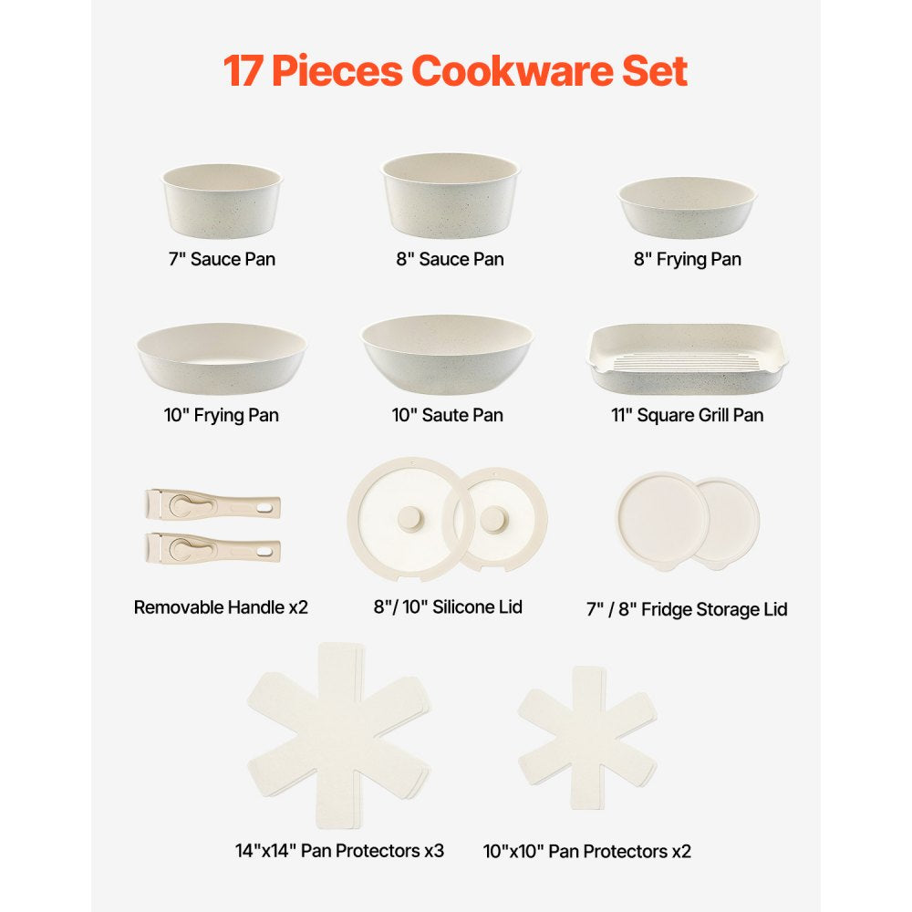 VEVOR 17 Piece Pots and Pans Set Granite Nonstick Kitchen Cookware White