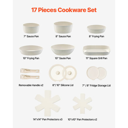 VEVOR 17 Piece Pots and Pans Set Granite Nonstick Kitchen Cookware White