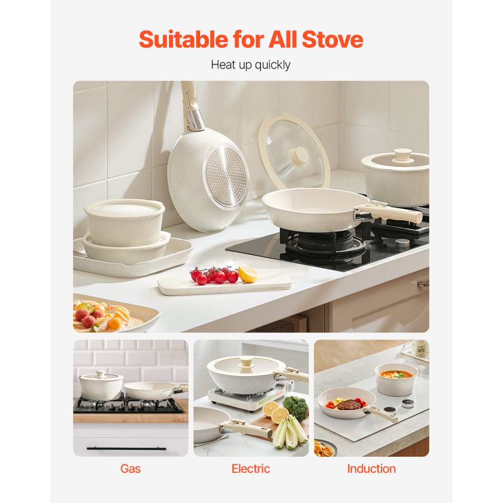 VEVOR 17 Piece Pots and Pans Set Granite Nonstick Kitchen Cookware White