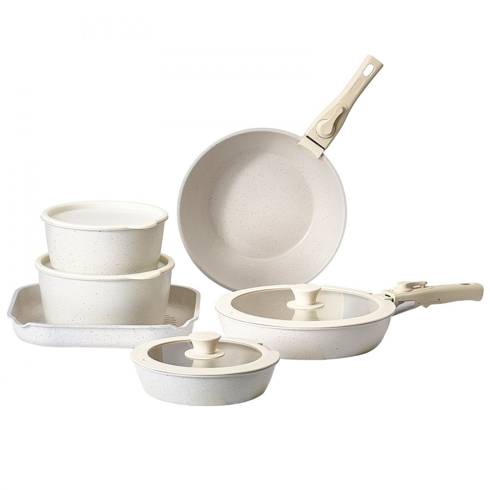 VEVOR 17 Piece Pots and Pans Set Granite Nonstick Kitchen Cookware White