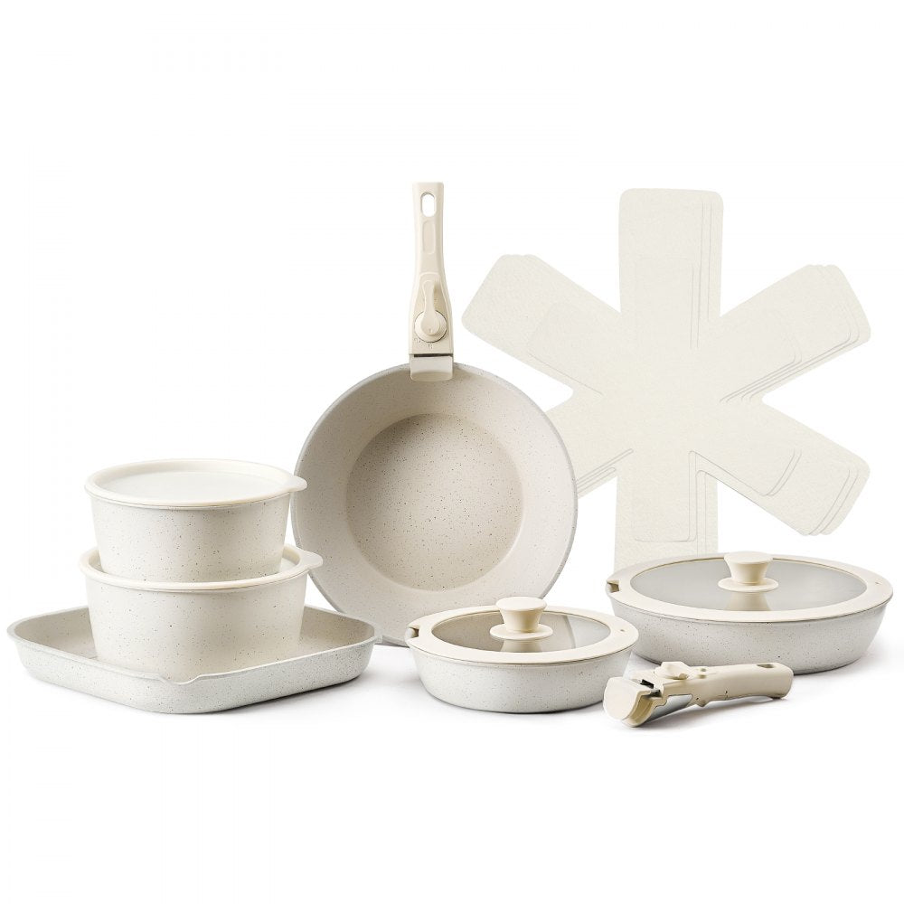 VEVOR 17 Piece Pots and Pans Set Granite Nonstick Kitchen Cookware White