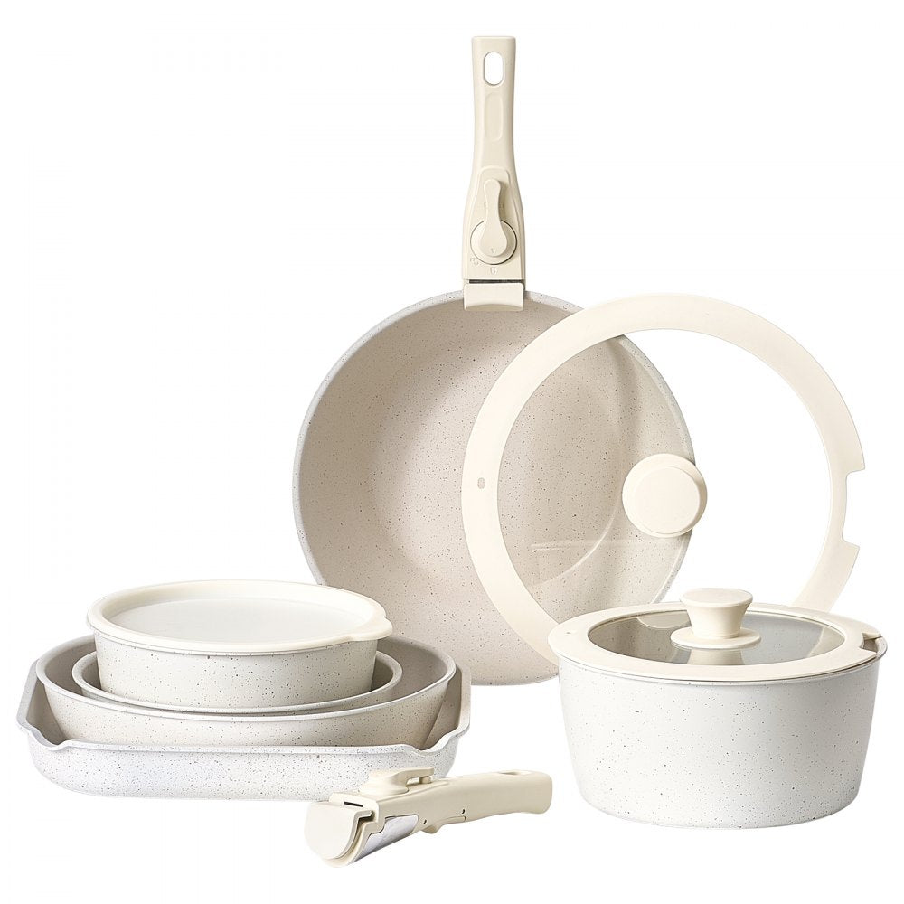 VEVOR 17 Piece Pots and Pans Set Granite Nonstick Kitchen Cookware White