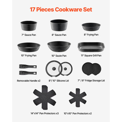 VEVOR 17 Piece Pots and Pans Set Granite Nonstick Kitchen Cookware Black