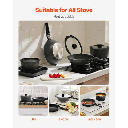 VEVOR 17 Piece Pots and Pans Set Granite Nonstick Kitchen Cookware Black