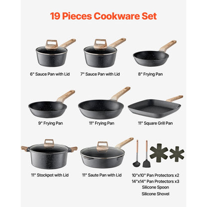 VEVOR 19 Piece Pots and Pans Set Granite Nonstick Kitchen Cookware Black