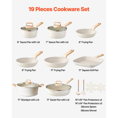 VEVOR 19 Piece Pots and Pans Set Granite Nonstick Kitchen Cookware White