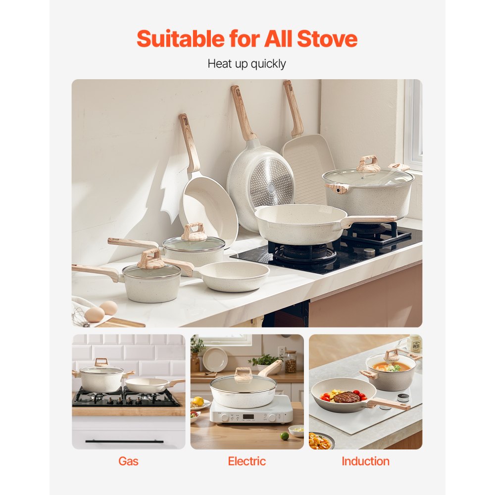 VEVOR 19 Piece Pots and Pans Set Granite Nonstick Kitchen Cookware White