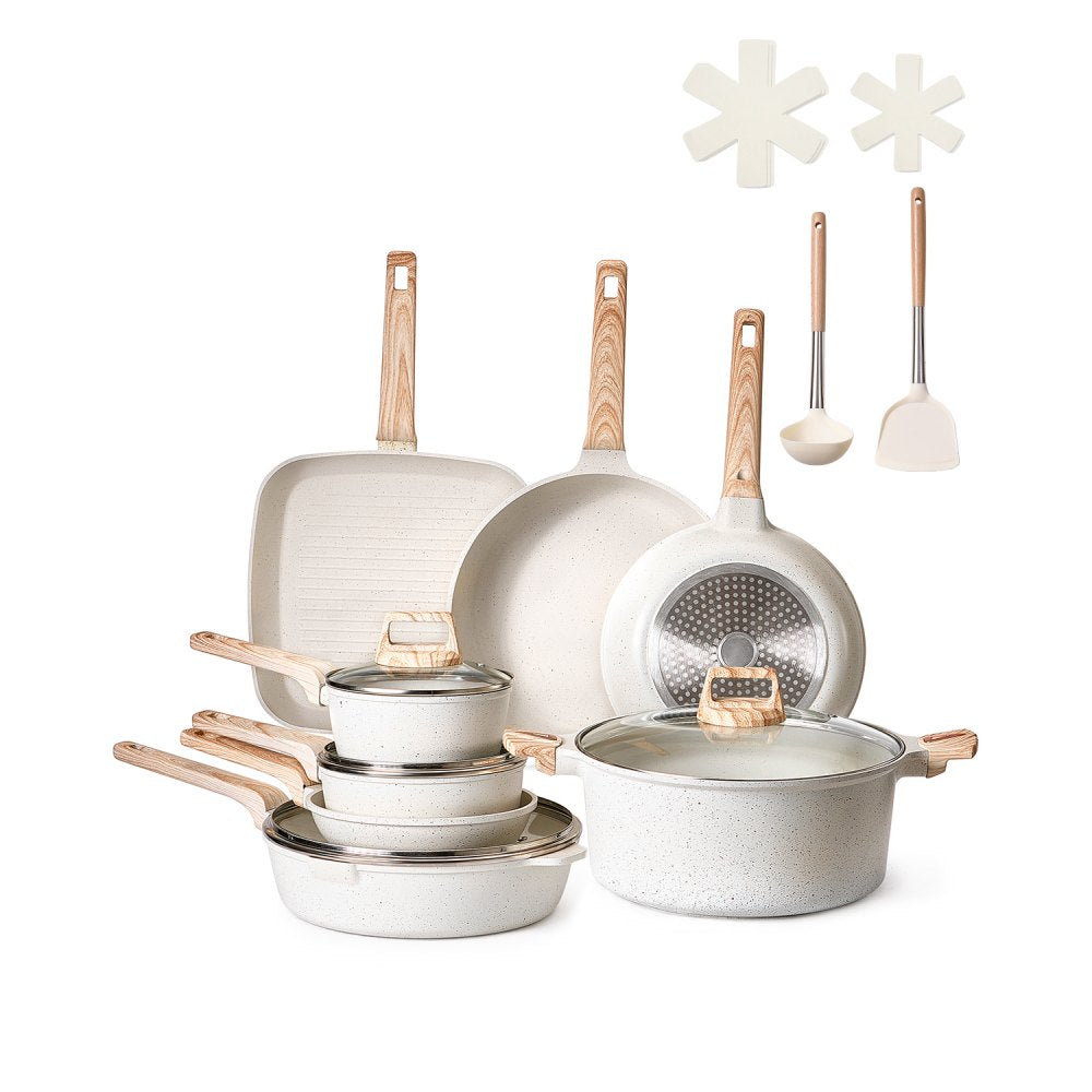 VEVOR 19 Piece Pots and Pans Set Granite Nonstick Kitchen Cookware White