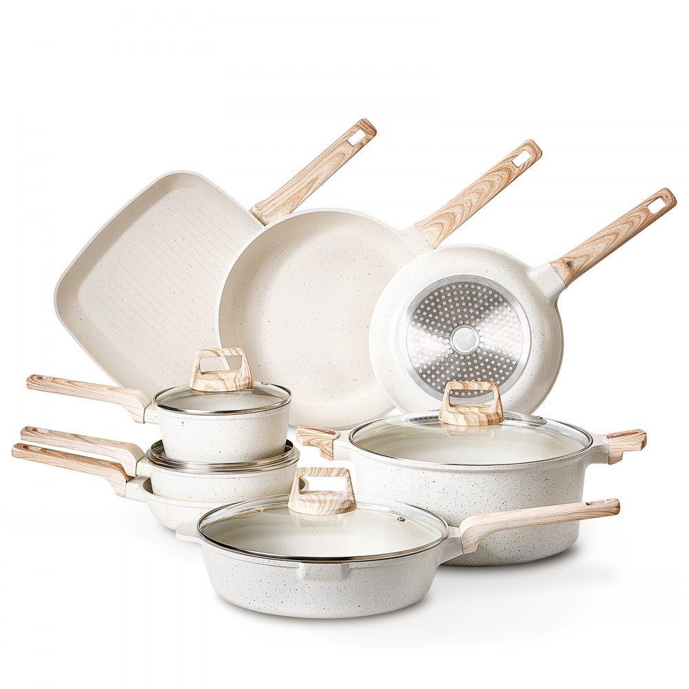 VEVOR 19 Piece Pots and Pans Set Granite Nonstick Kitchen Cookware White