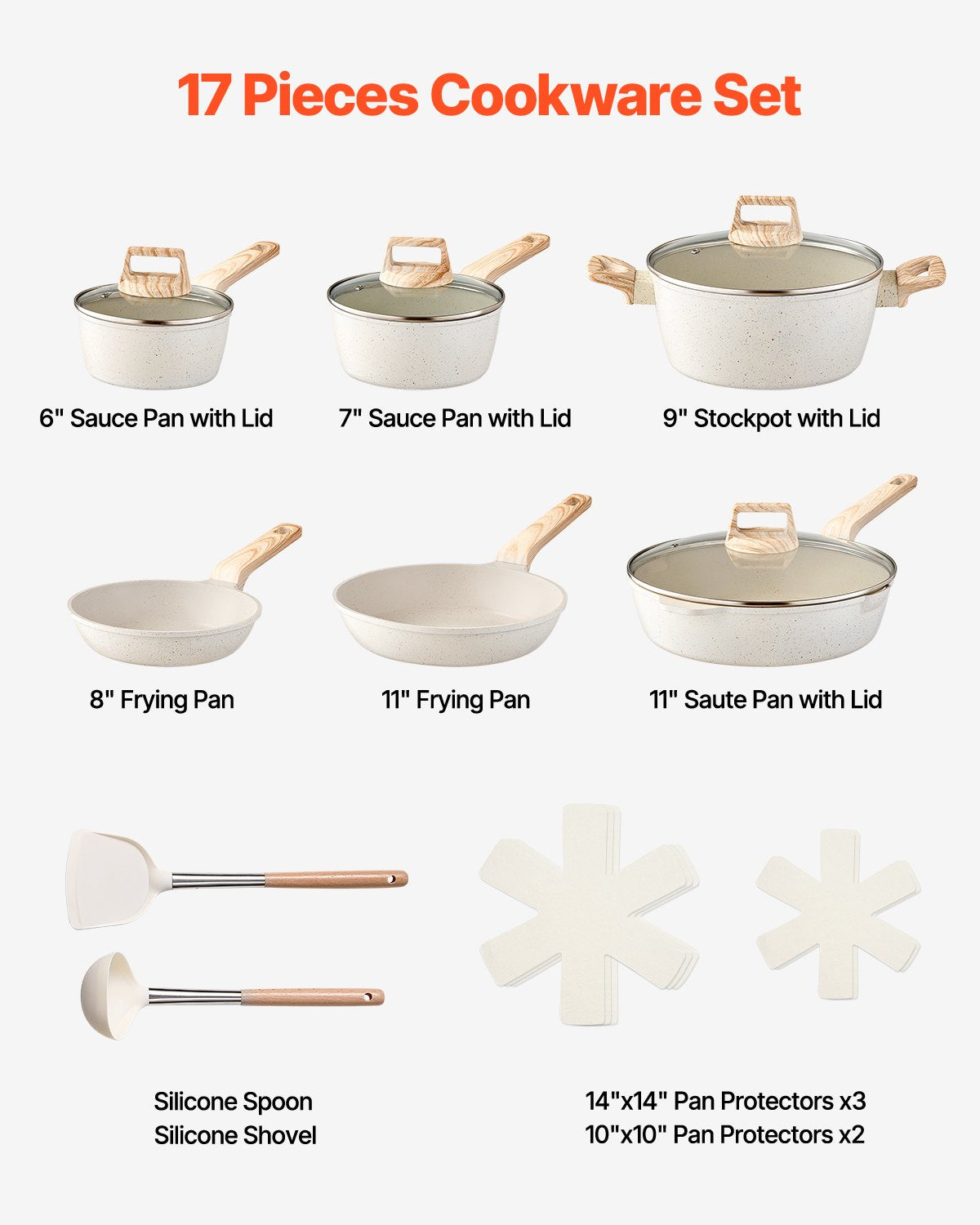 17 Piece Pots and Pans Set, Granite Nonstick Cookware Set, Induction Cookwares, Kitchen RV Cooking Sets with Frying, Sauce, Saute, Tempered Glass Lids, and Pan Protectors, White