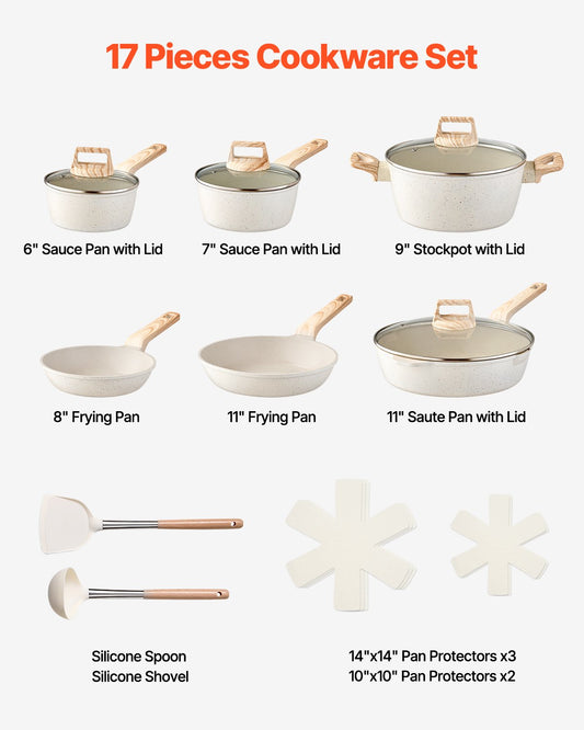 17 Piece Pots and Pans Set, Granite Nonstick Cookware Set, Induction Cookwares, Kitchen RV Cooking Sets with Frying, Sauce, Saute, Tempered Glass Lids, and Pan Protectors, White