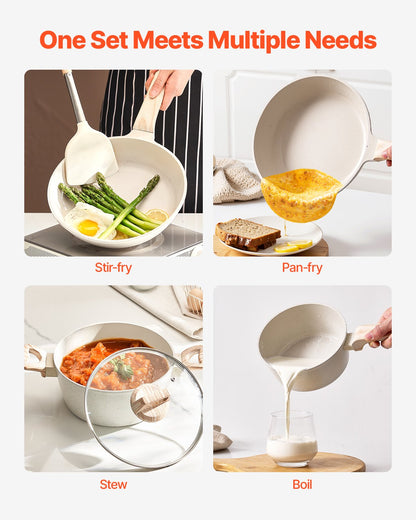17 Piece Pots and Pans Set, Granite Nonstick Cookware Set, Induction Cookwares, Kitchen RV Cooking Sets with Frying, Sauce, Saute, Tempered Glass Lids, and Pan Protectors, White