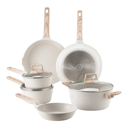 17 Piece Pots and Pans Set, Granite Nonstick Cookware Set, Induction Cookwares, Kitchen RV Cooking Sets with Frying, Sauce, Saute, Tempered Glass Lids, and Pan Protectors, White