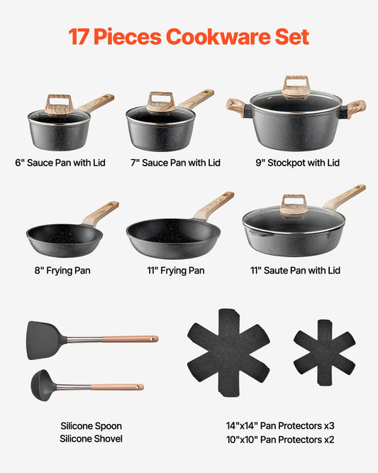 17 Piece Pots and Pans Set Nonstick, Granite Cookware Set, Induction Cookwares, Kitchen RV Cooking Sets with Frying, Sauce, Saute, Tempered Glass Lids, and Pan Protectors, Black
