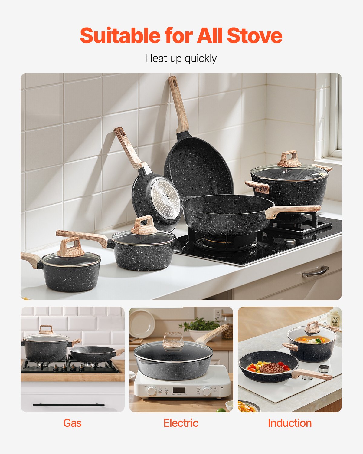 17 Piece Pots and Pans Set Nonstick, Granite Cookware Set, Induction Cookwares, Kitchen RV Cooking Sets with Frying, Sauce, Saute, Tempered Glass Lids, and Pan Protectors, Black