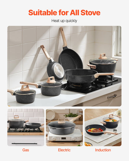 17 Piece Pots and Pans Set Nonstick, Granite Cookware Set, Induction Cookwares, Kitchen RV Cooking Sets with Frying, Sauce, Saute, Tempered Glass Lids, and Pan Protectors, Black