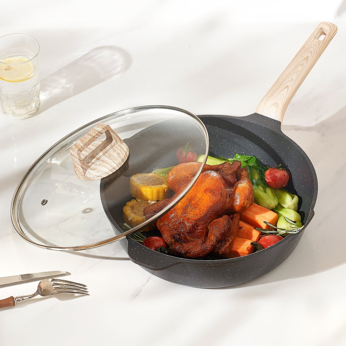 17 Piece Pots and Pans Set Nonstick, Granite Cookware Set, Induction Cookwares, Kitchen RV Cooking Sets with Frying, Sauce, Saute, Tempered Glass Lids, and Pan Protectors, Black