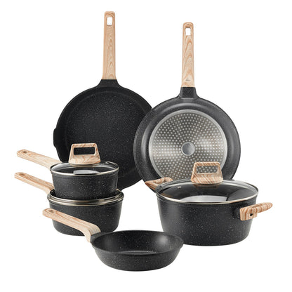 17 Piece Pots and Pans Set Nonstick, Granite Cookware Set, Induction Cookwares, Kitchen RV Cooking Sets with Frying, Sauce, Saute, Tempered Glass Lids, and Pan Protectors, Black