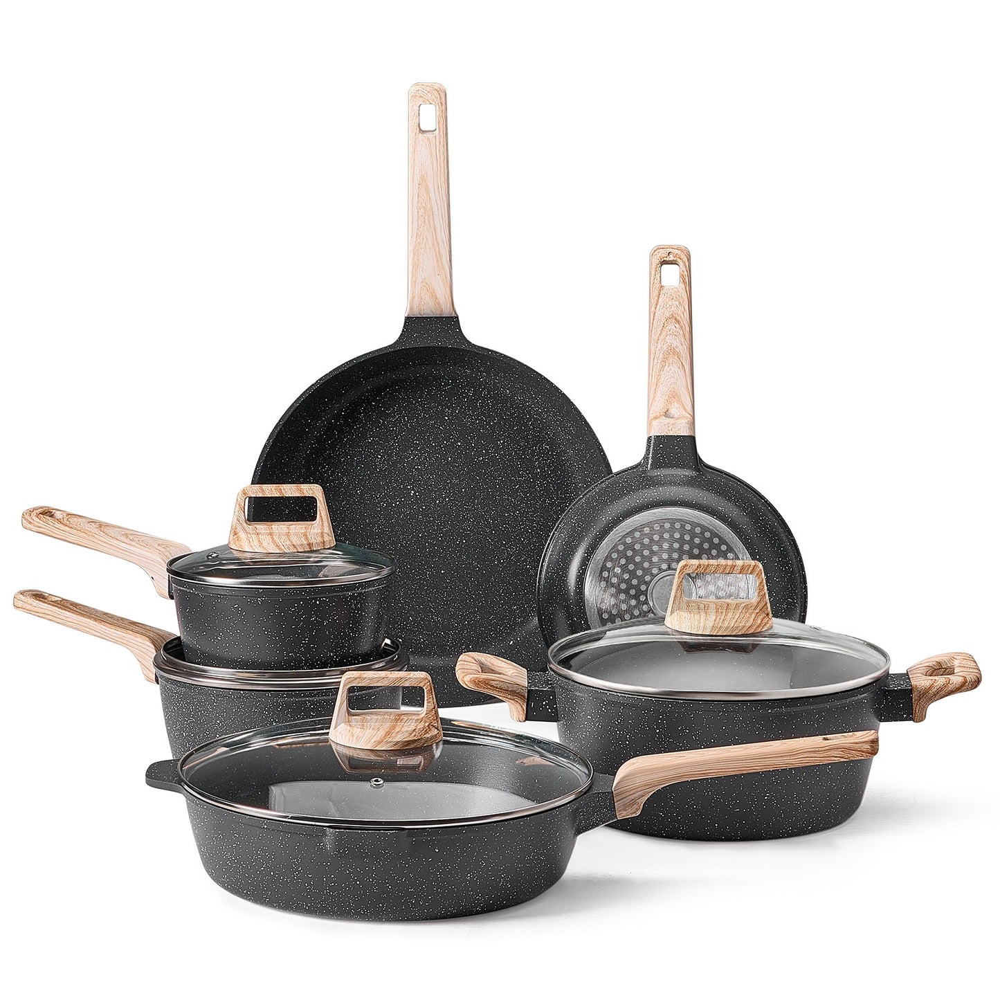 17 Piece Pots and Pans Set Nonstick, Granite Cookware Set, Induction Cookwares, Kitchen RV Cooking Sets with Frying, Sauce, Saute, Tempered Glass Lids, and Pan Protectors, Black