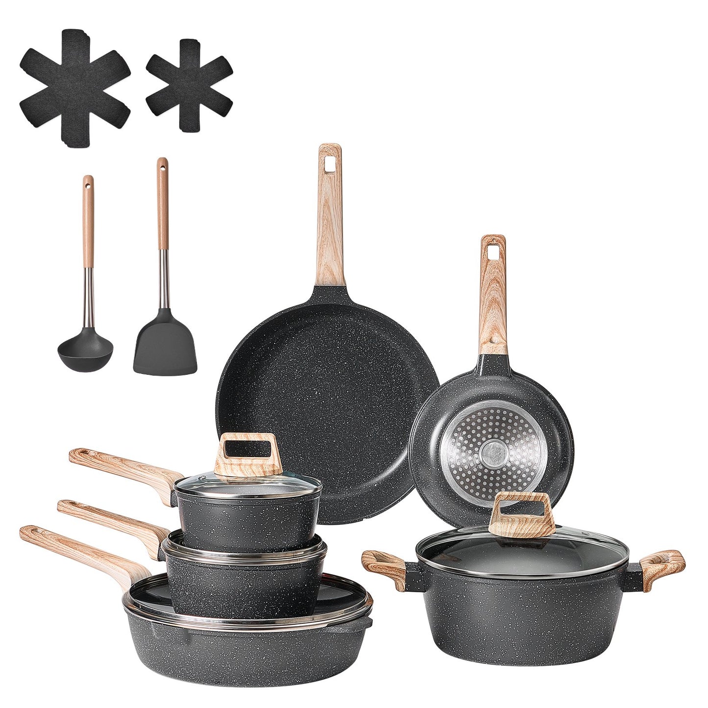 17 Piece Pots and Pans Set Nonstick, Granite Cookware Set, Induction Cookwares, Kitchen RV Cooking Sets with Frying, Sauce, Saute, Tempered Glass Lids, and Pan Protectors, Black