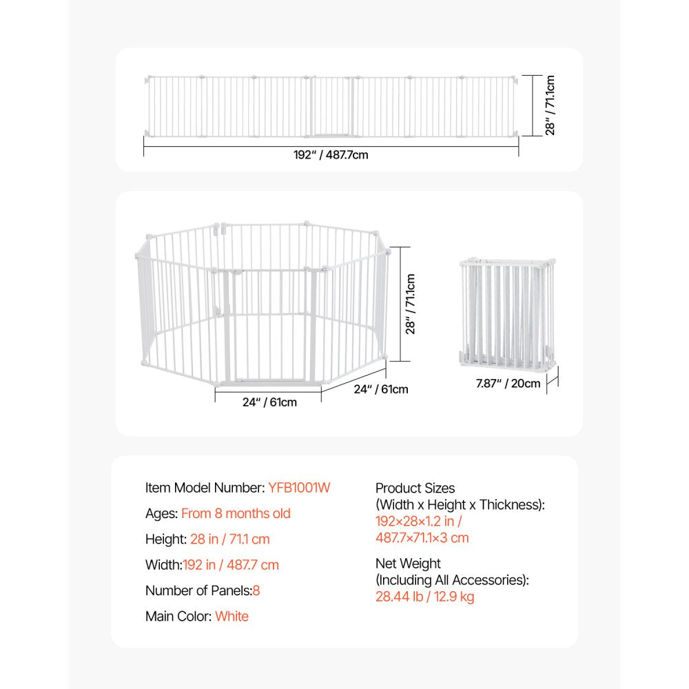 Baby Gate 192 Inch Extra Wide 28 Inch High 8-Panel Foldable Dog Gate White