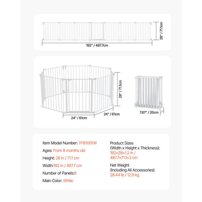 Baby Gate 192 Inch Extra Wide 28 Inch High 8-Panel Foldable Dog Gate White