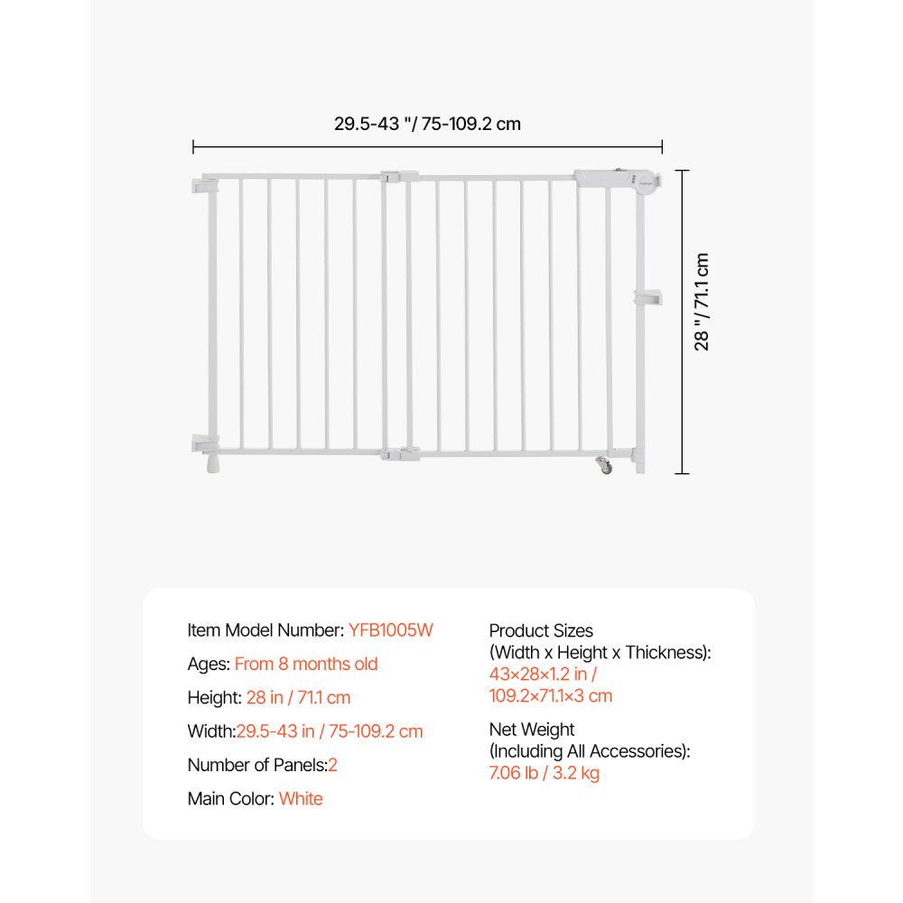 VEVOR Baby Gate 29.5-43 Inches Adjustable Width 28 Inches High Dog Gate White