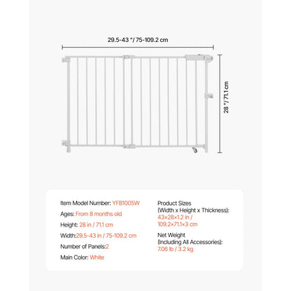 VEVOR Baby Gate 29.5-43 Inches Adjustable Width 28 Inches High Dog Gate White
