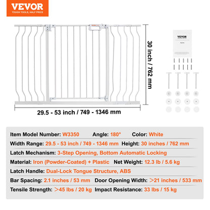 Baby Gate, 749-1346 mm Extra Wide, 762 mm High, Dog Gate for Stairs Doorways and House, Easy Step Walk Thru Auto Close Child Gate Pet Security Gate with Pressure Mount and Wall Mount Kit, White