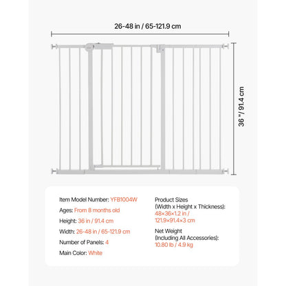 Baby Gate 26-48 Inches Adjustable Width 36 Inches High Dog Gate White