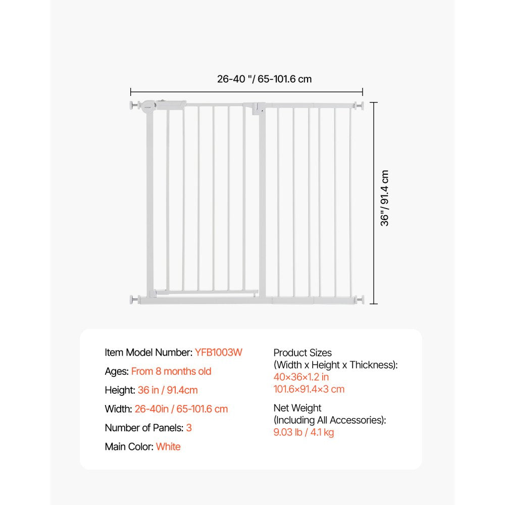 Baby Gate 26-40 Inches Adjustable Width 36 Inches High Dog Gate White