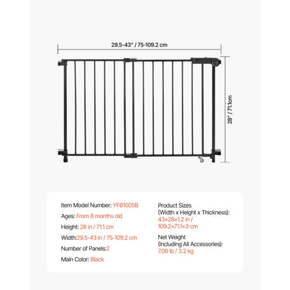 VEVOR Baby Gate 29.5-43 Inches Adjustable Width 28 Inches High Dog Gate Black