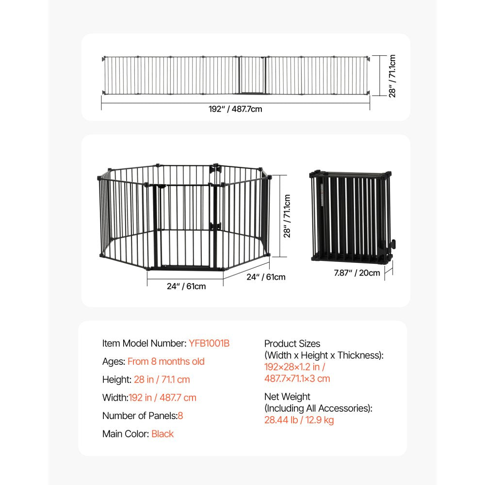 Baby Gate 192 Inch Extra Wide 28 Inch High 8-Panel Foldable Dog Gate Black