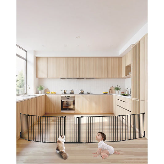 Baby Gate 192 Inch Extra Wide 28 Inch High 8-Panel Foldable Dog Gate Black