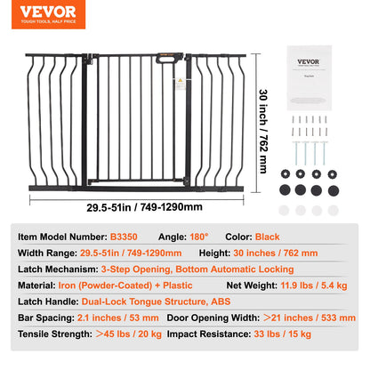 Baby Gate, 749-1346 mm Extra Wide, 762 mm High, Dog Gate for Stairs Doorways and House, Easy Step Walk Thru Auto Close Child Gate Pet Security Gate with Pressure Mount and Wall Mount Kit, Black