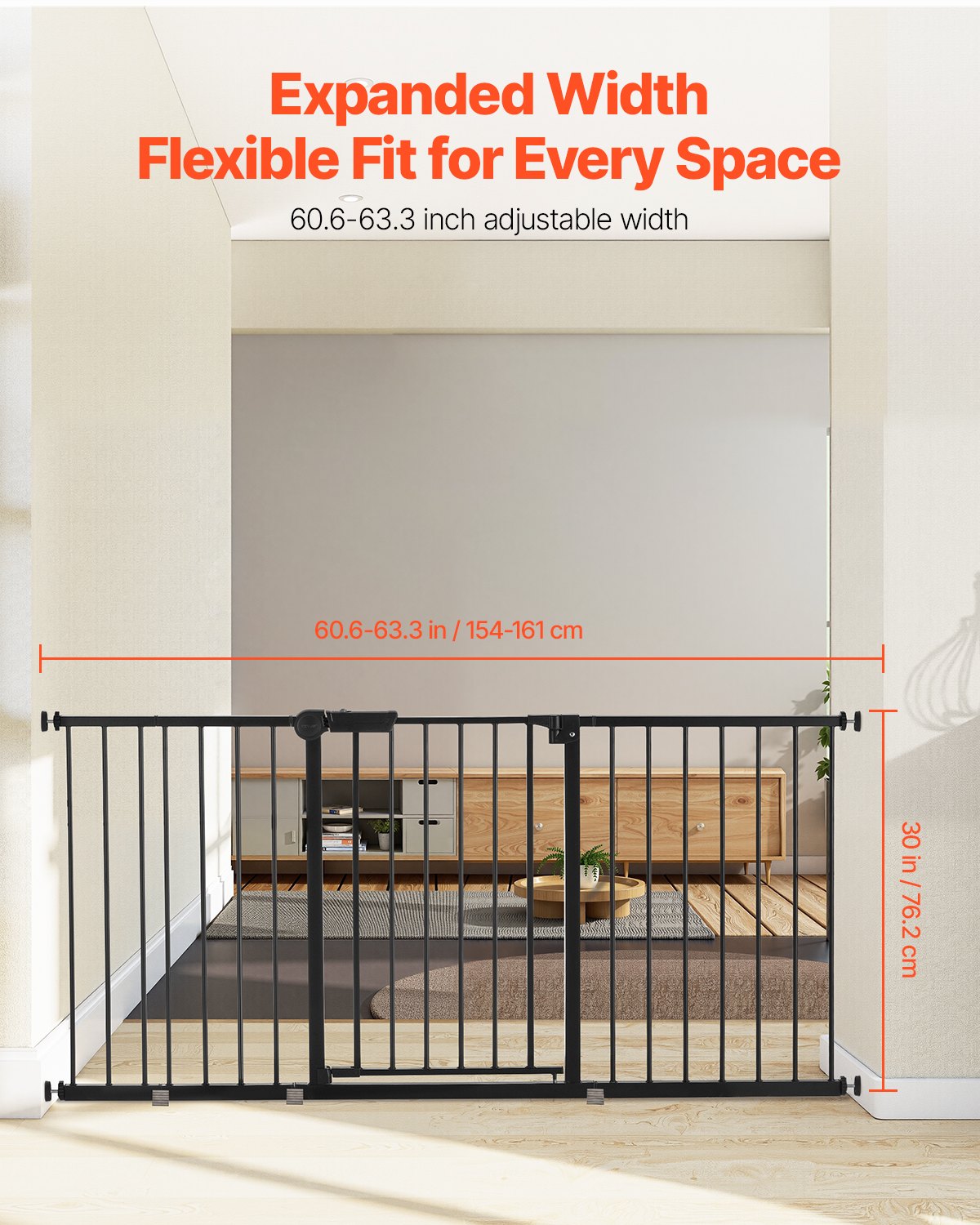 Baby Gate, 60.6-63.3 Inches Adjustable Width, 30 Inches High Dog Gate, Easy Step Walk Thru, for Child Pet Security, Pressure Mount Kit, Wall Cups, One-Hand Open, for Stairs and Doorways, Black