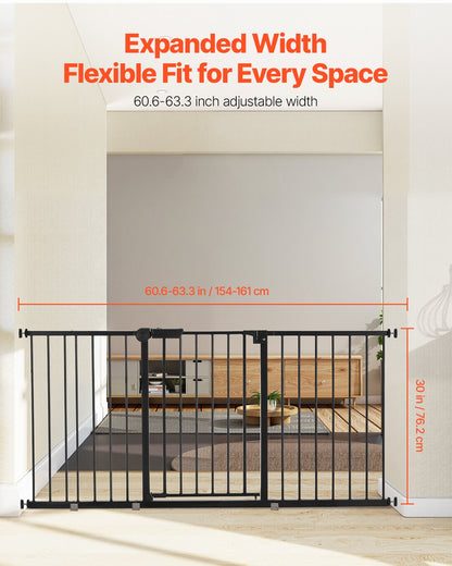 Baby Gate, 60.6-63.3 Inches Adjustable Width, 30 Inches High Dog Gate, Easy Step Walk Thru, for Child Pet Security, Pressure Mount Kit, Wall Cups, One-Hand Open, for Stairs and Doorways, Black