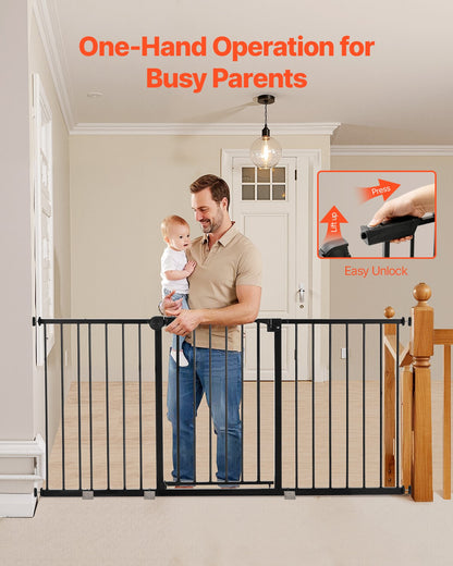 Baby Gate, 60.6-63.3 Inches Adjustable Width, 30 Inches High Dog Gate, Easy Step Walk Thru, for Child Pet Security, Pressure Mount Kit, Wall Cups, One-Hand Open, for Stairs and Doorways, Black