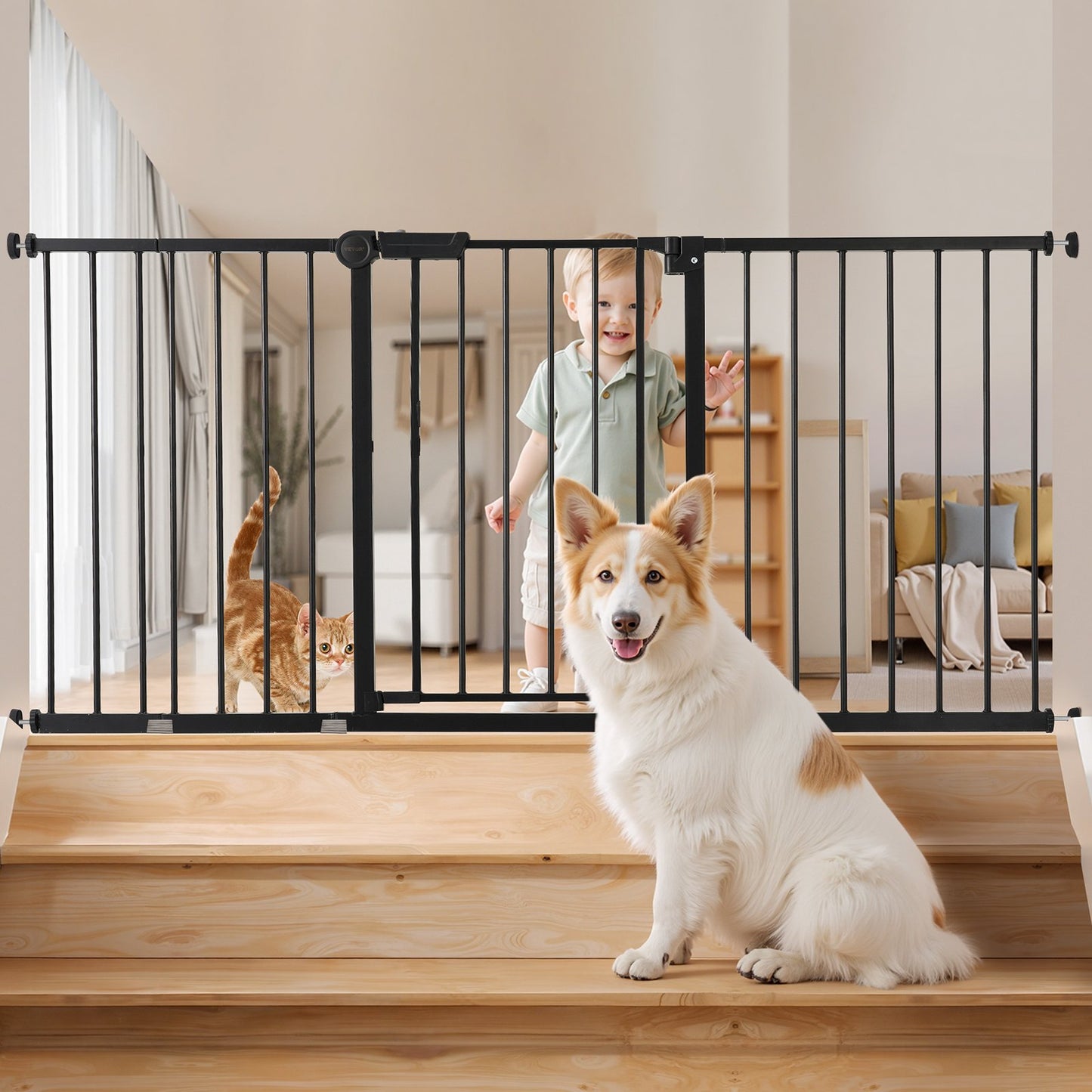 Baby Gate, 60.6-63.3 Inches Adjustable Width, 30 Inches High Dog Gate, Easy Step Walk Thru, for Child Pet Security, Pressure Mount Kit, Wall Cups, One-Hand Open, for Stairs and Doorways, Black