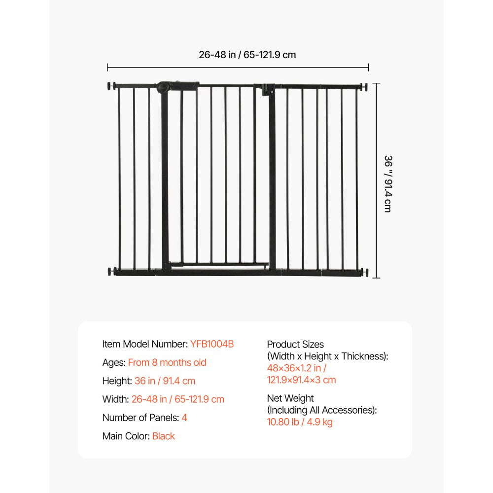 VEVOR Baby Gate 26-48 Inches Adjustable Width 36 Inches High Dog Gate Black