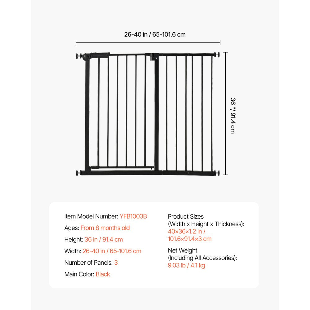 Baby Gate 26-40 Inches Adjustable Width 36 Inches High Dog Gate Black