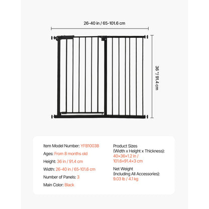 Baby Gate 26-40 Inches Adjustable Width 36 Inches High Dog Gate Black